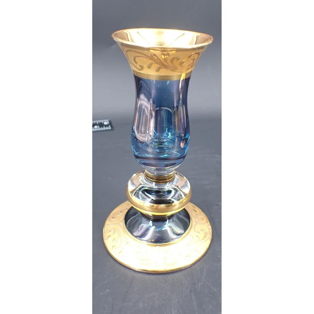 Vintage Candlestick Pair Glass Heavy Gold Leaf Cobalt Blue  5.5in